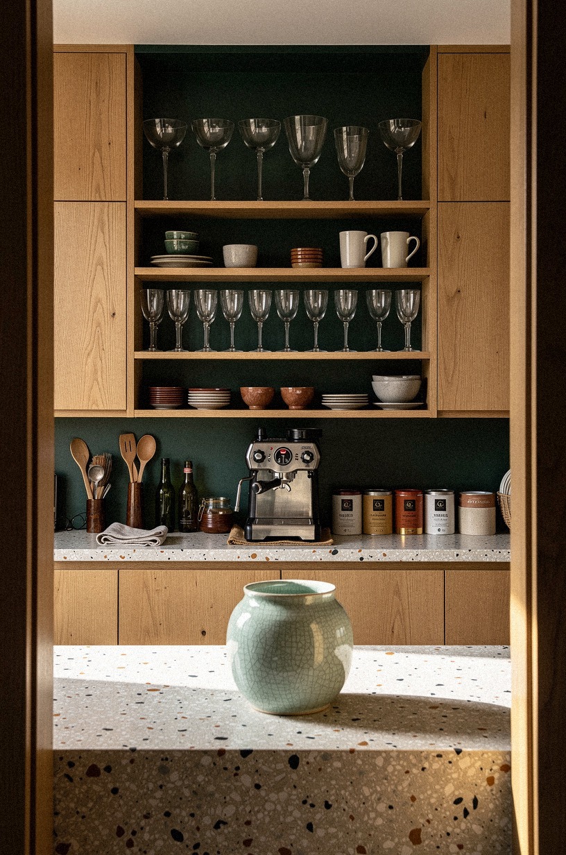 Style coupe glasses on open kitchen shelves