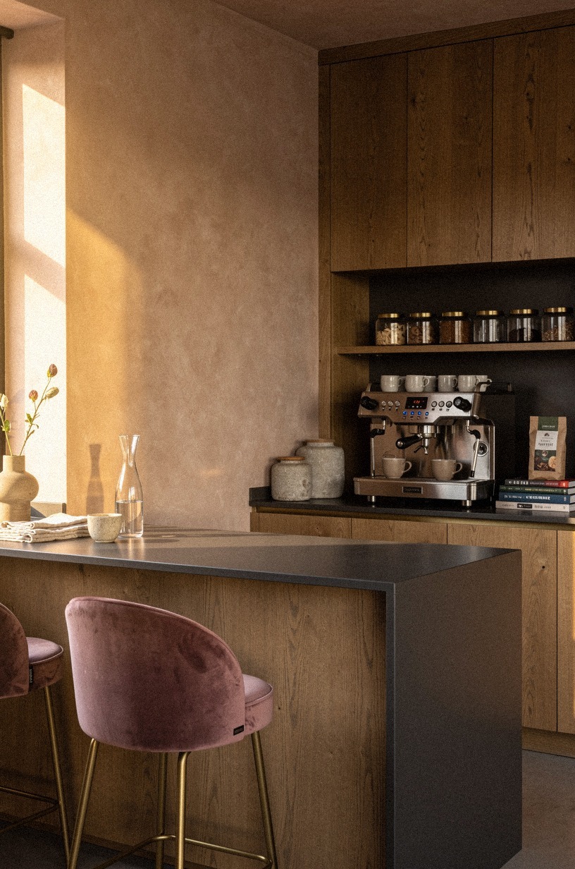 Tuck a velvet stool beside the counter
