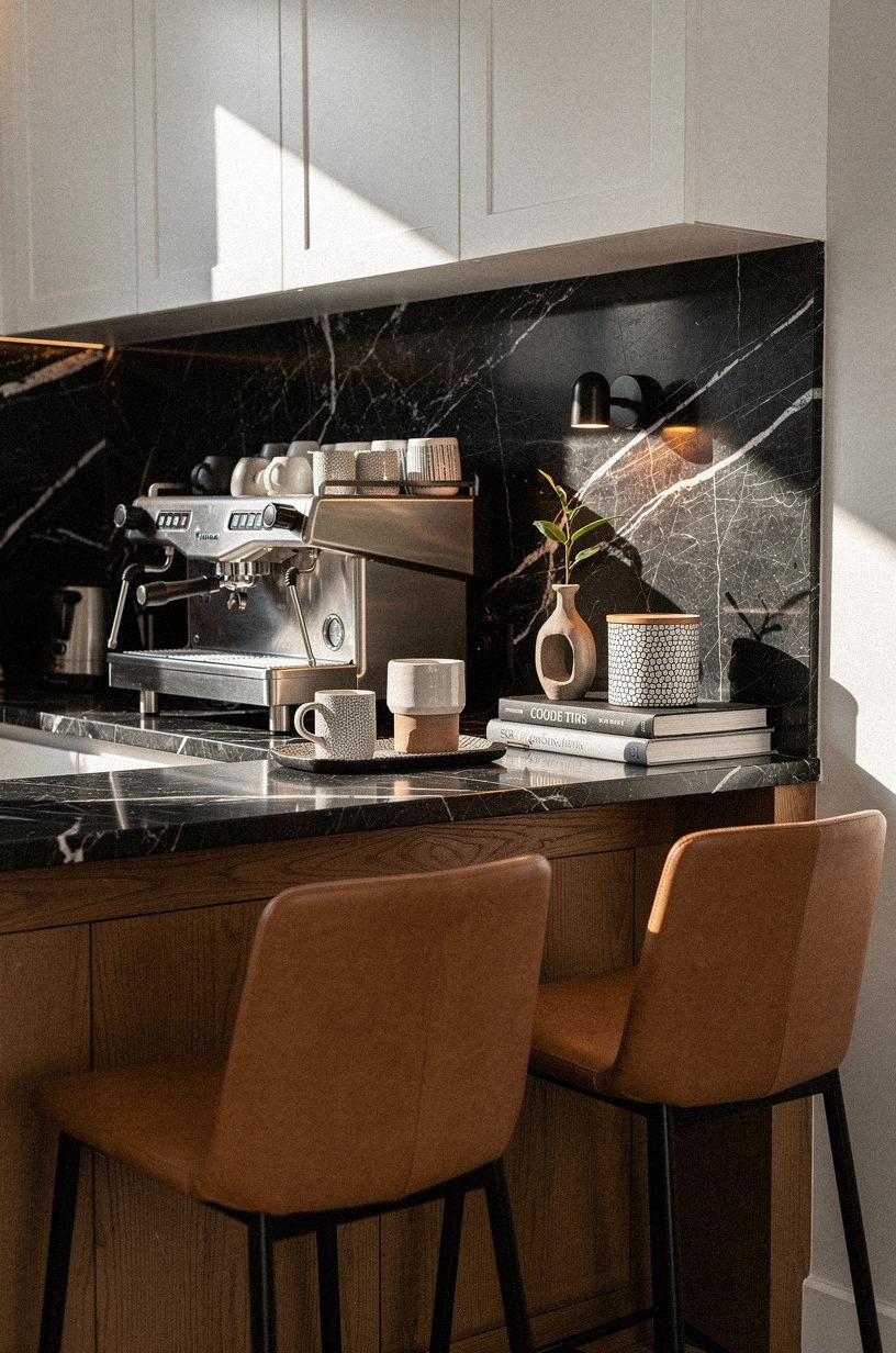 Use black marble for the coffee backsplash