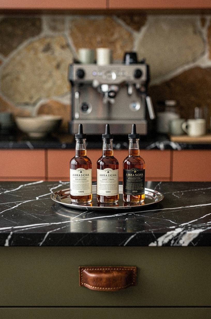 Display syrup bottles on a silver tray