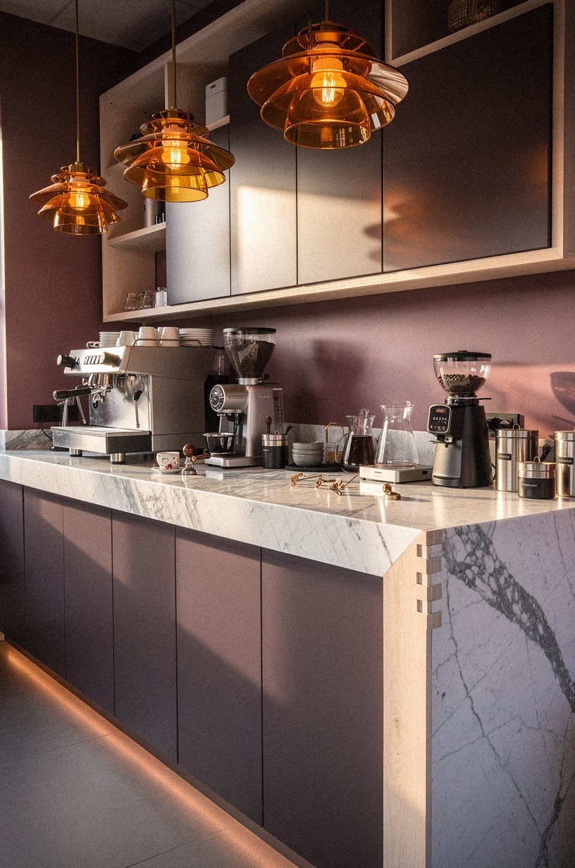 Layer amber pendants over the coffee counter (Amber over clear glass)