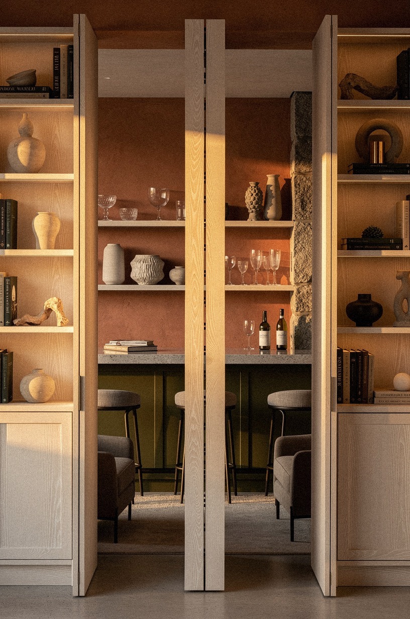 Conceal the bar behind paneled bookcases