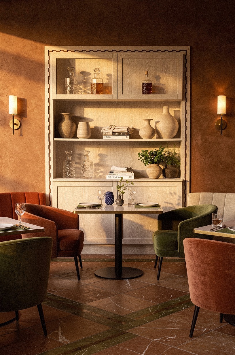 Start with tobacco walls and amber sconces