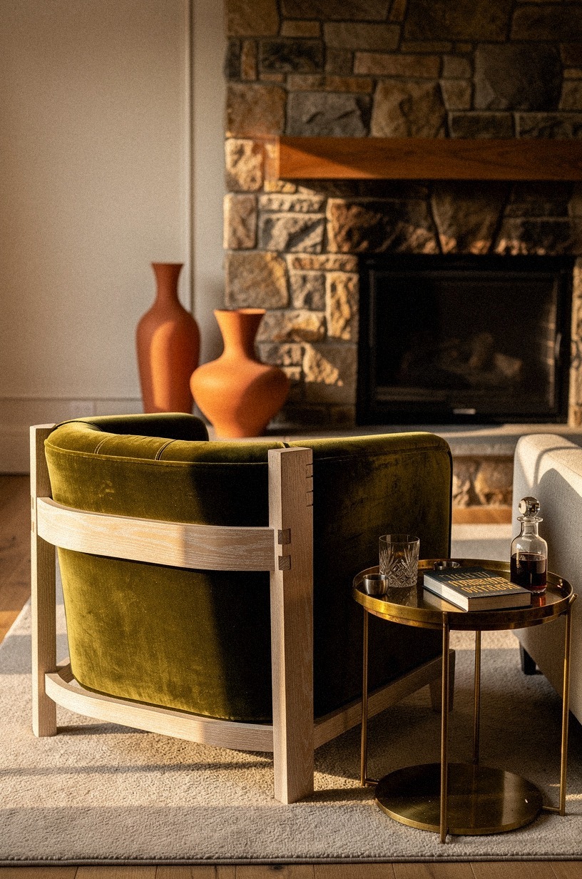 I pulled two barrel chairs toward the fireplace