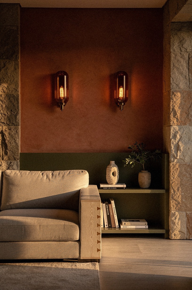 Crown the sofa with twin amber sconces