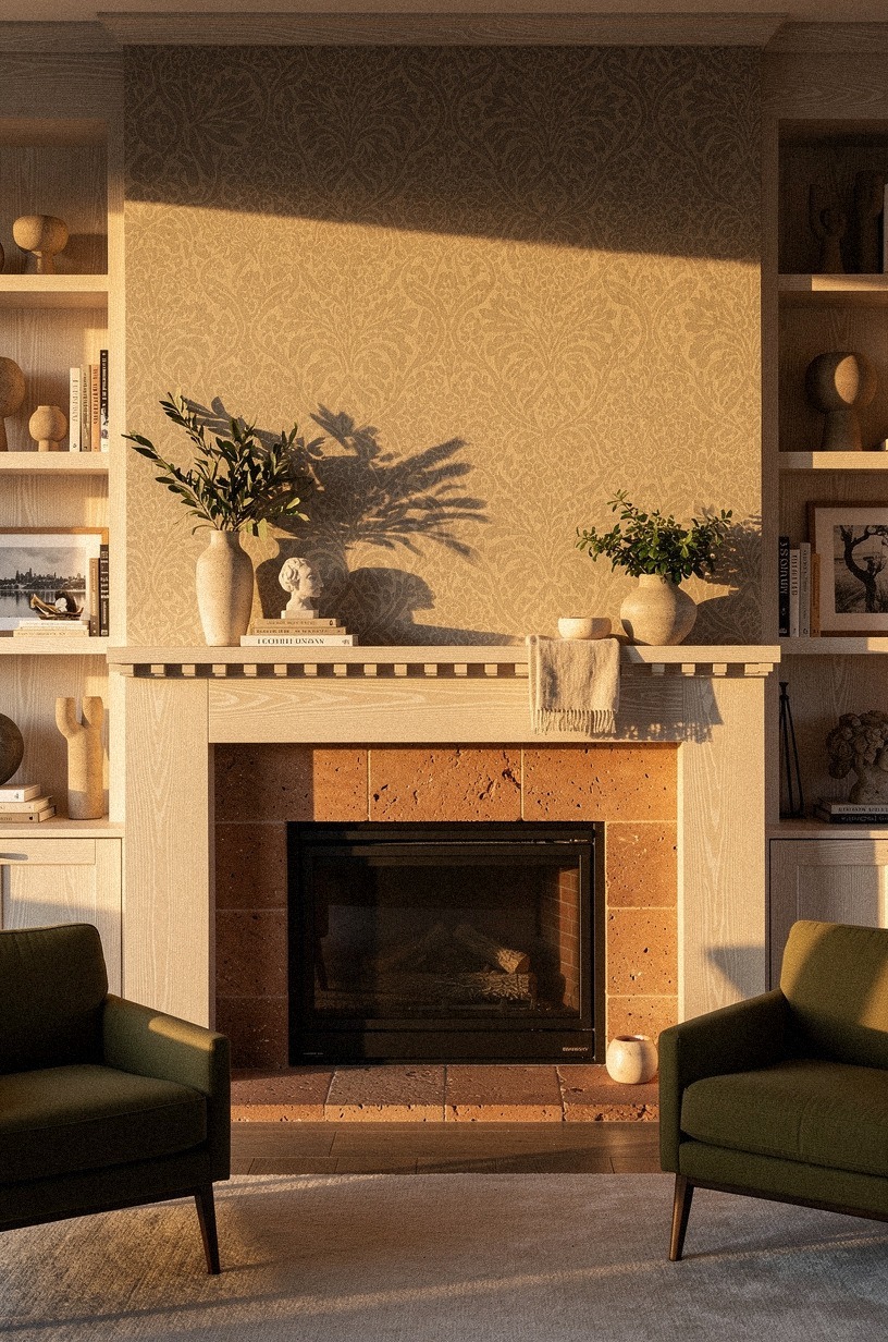 Wrap the fireplace wall in smoky damask wallpaper