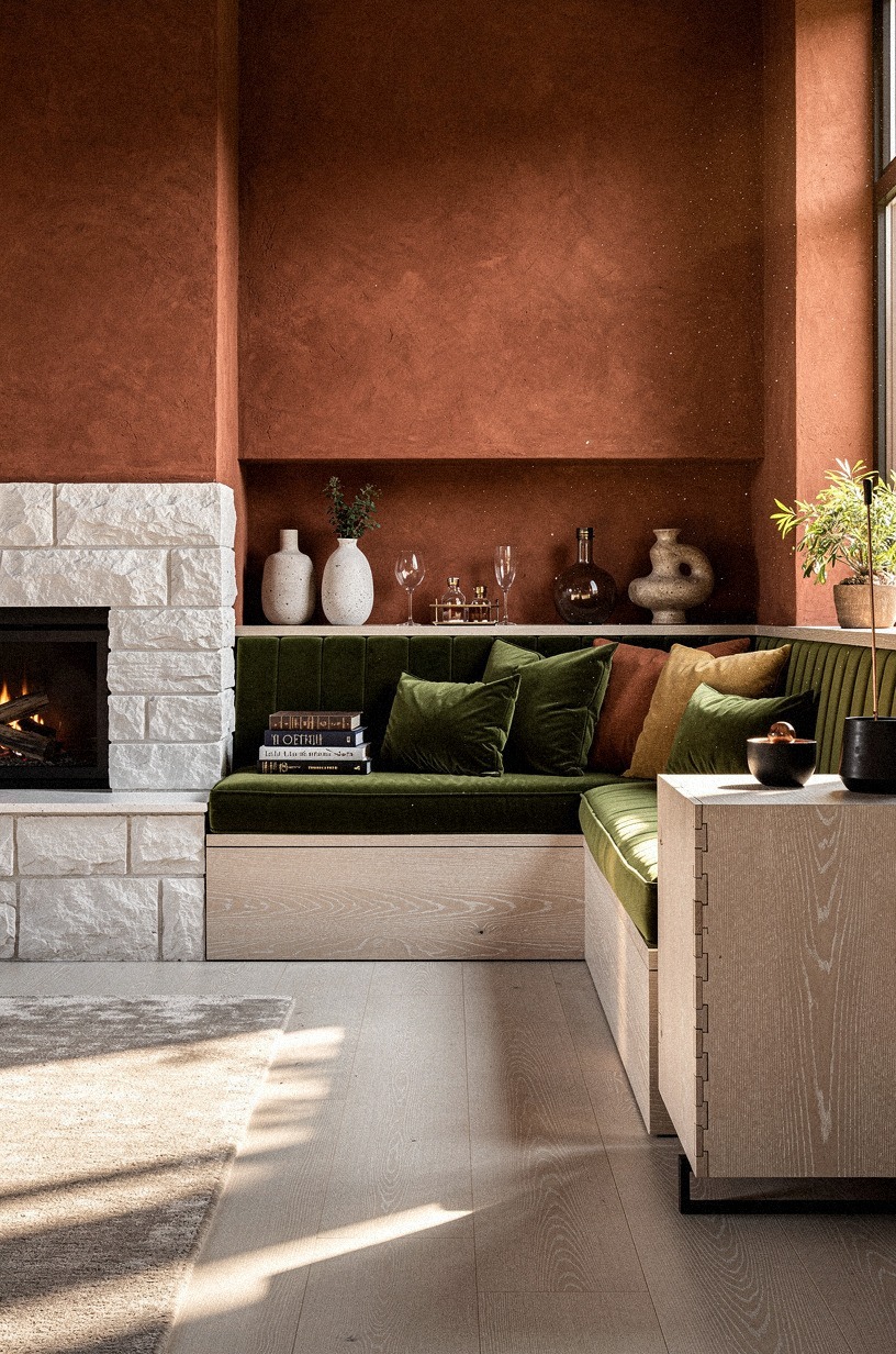 Start with a velvet sofa in bottle green