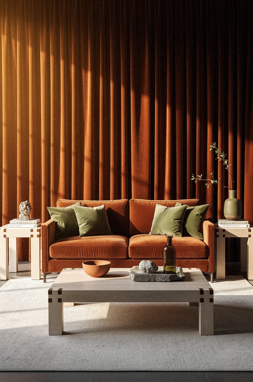 Anchor the seating zone with pooled velvet behind the sofa