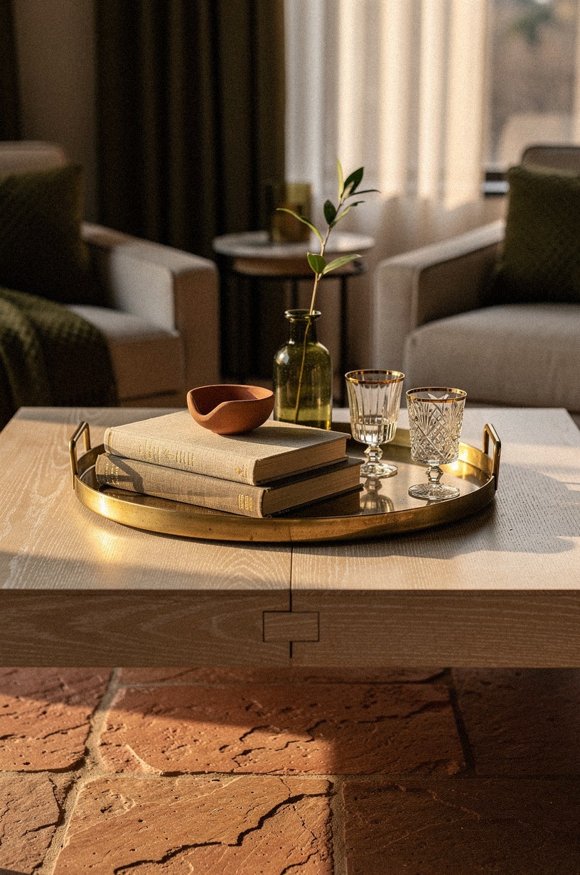Crown the coffee table with brass trays