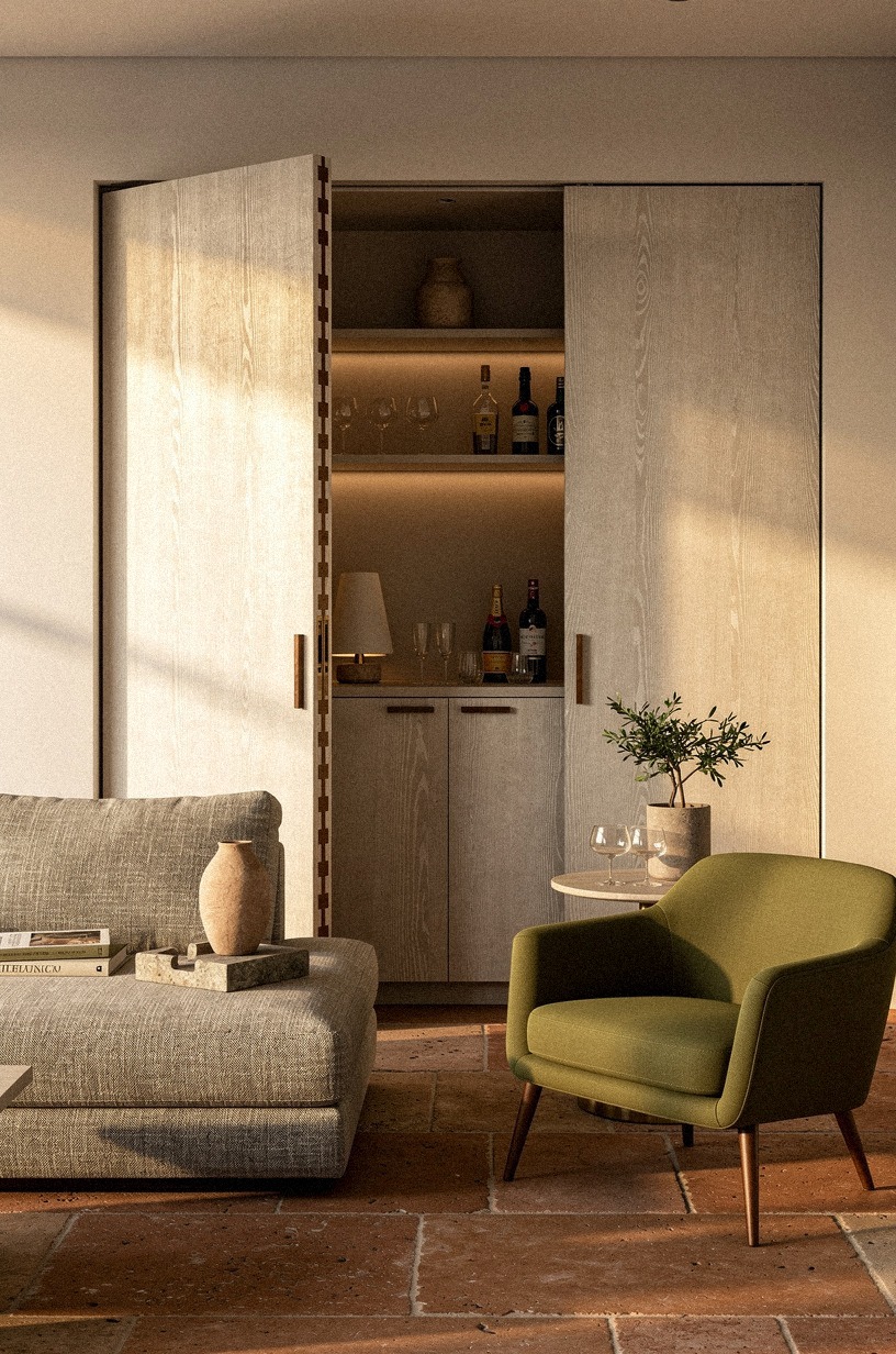 Hide the bar behind paneled pocket doors