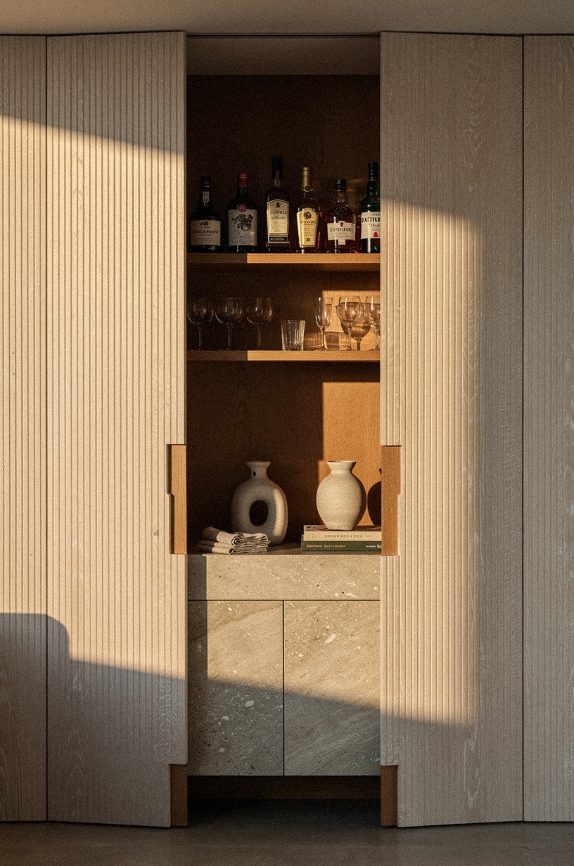 Conceal a bar behind fluted living room doors (The Two-Reveal Rule)