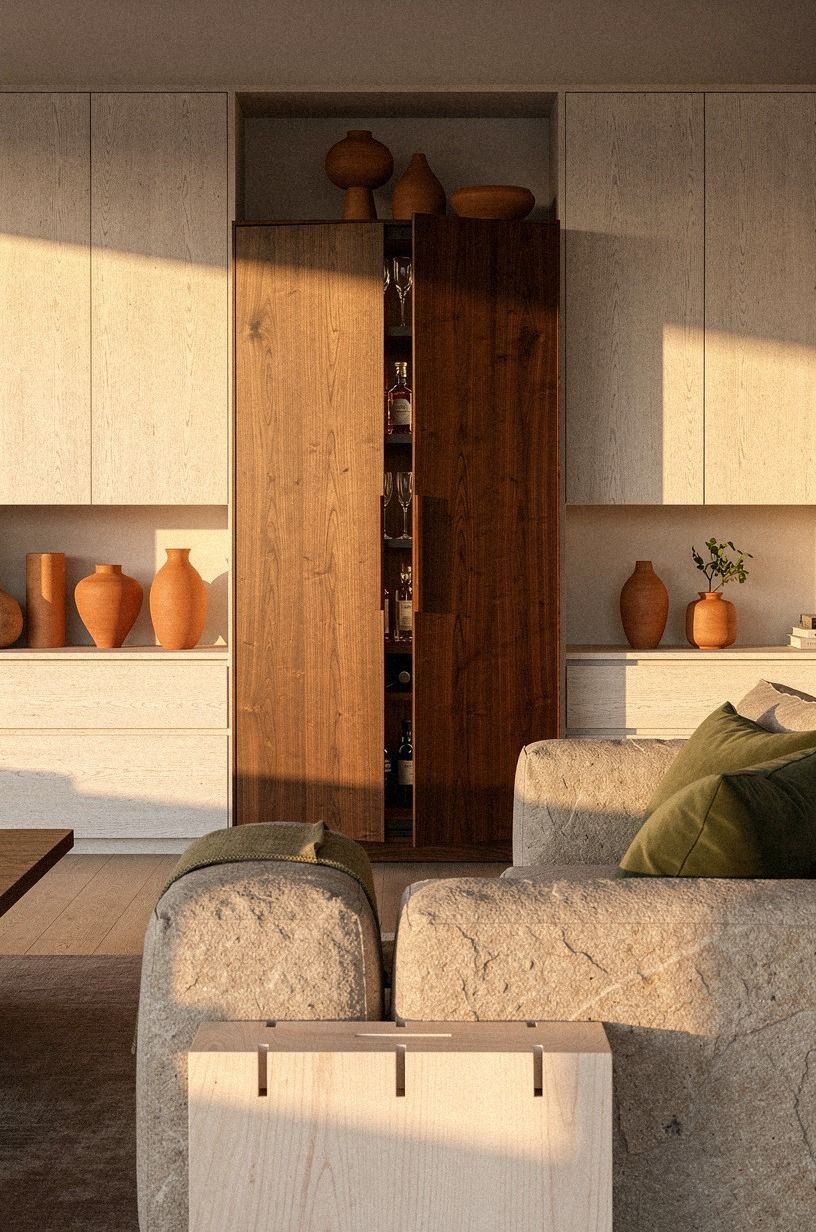 Start with a closed walnut cocktail armoire