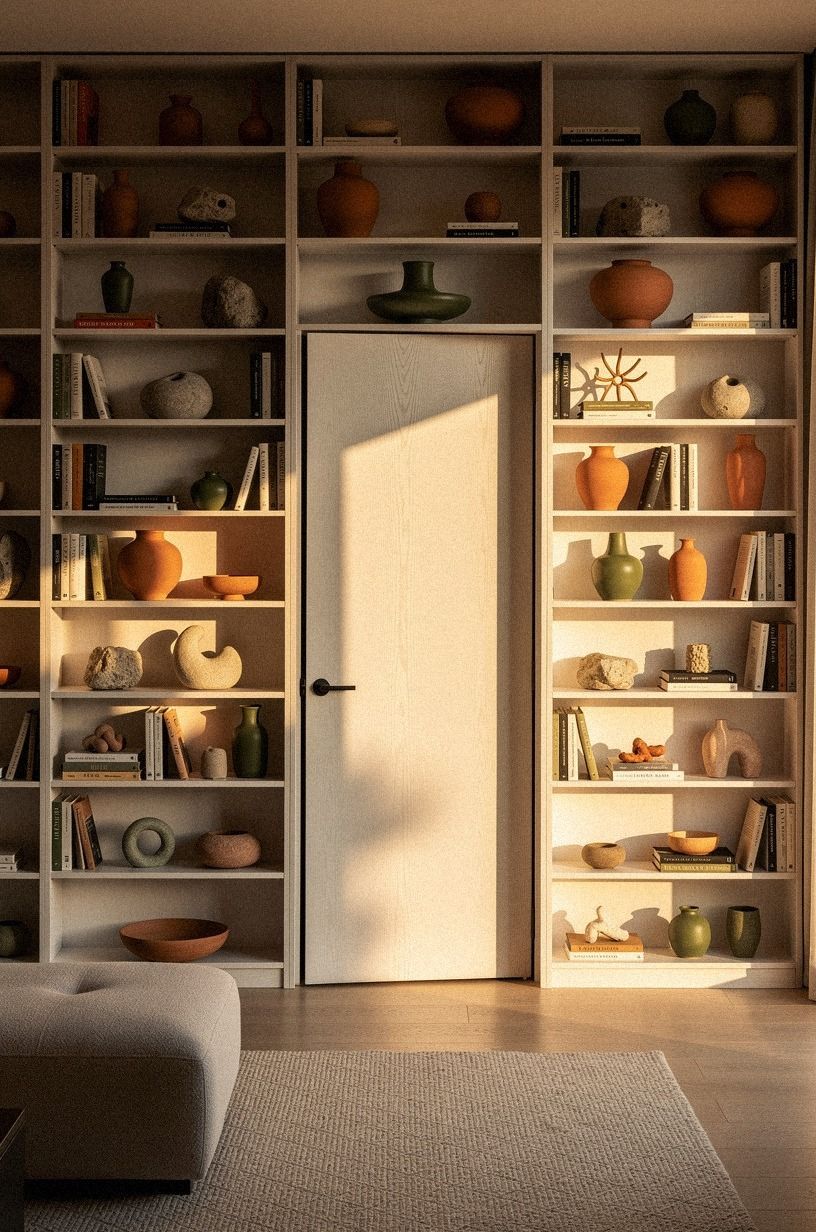 Camouflage a swinging bookcase inside wall-to-wall shelves