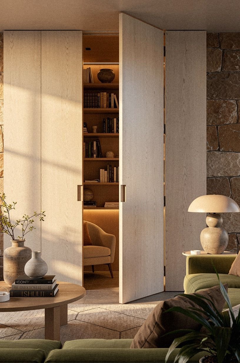 Start with a continuous wall of disguised bookcases
