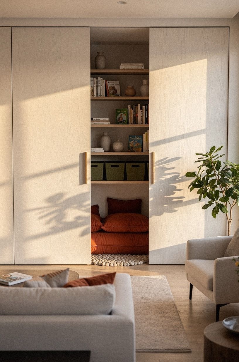 Hide a playroom behind sliding bookcase panels