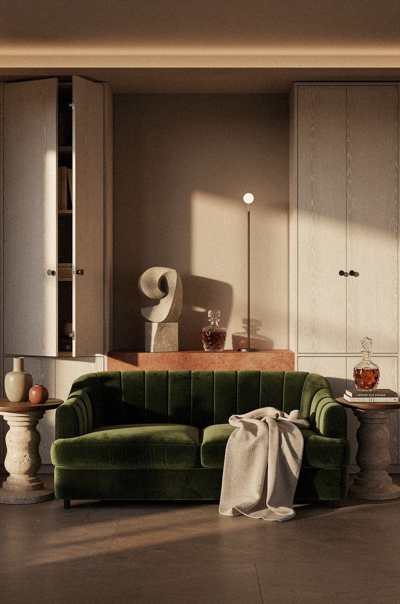 Start with a velvet tuxedo sofa