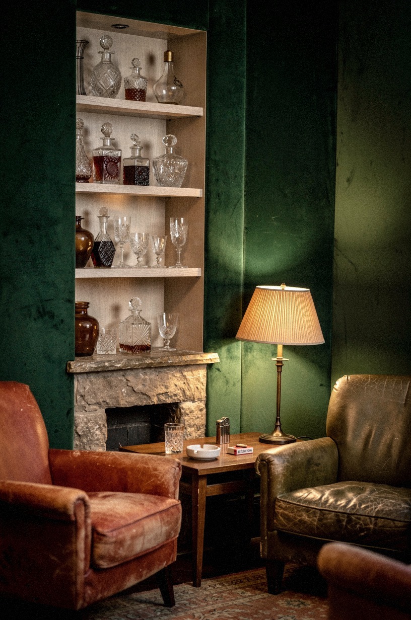 Start with the walls: deep green velvet panels that swallow the light