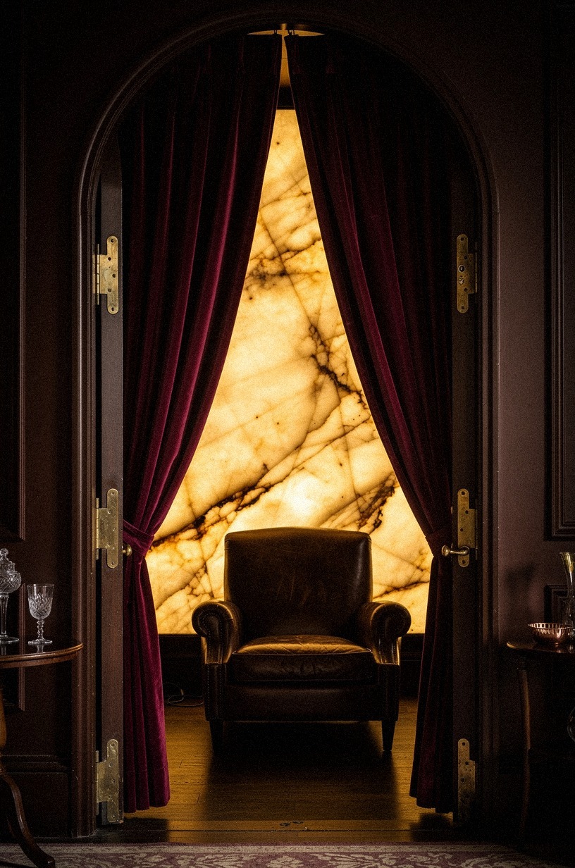 Drape a velvet curtain across an arched doorway