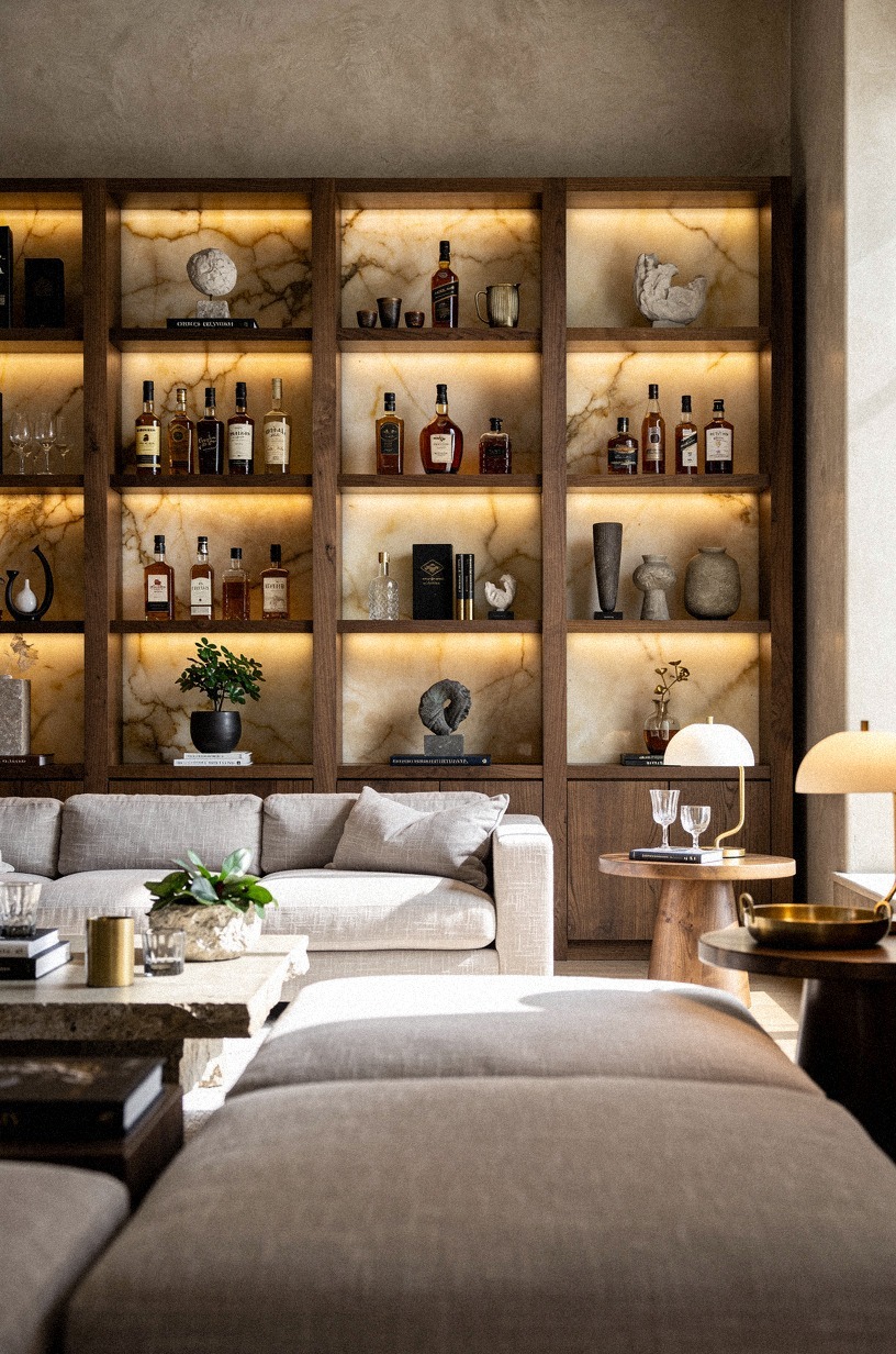 Backlight walnut shelves with amber LED strips
