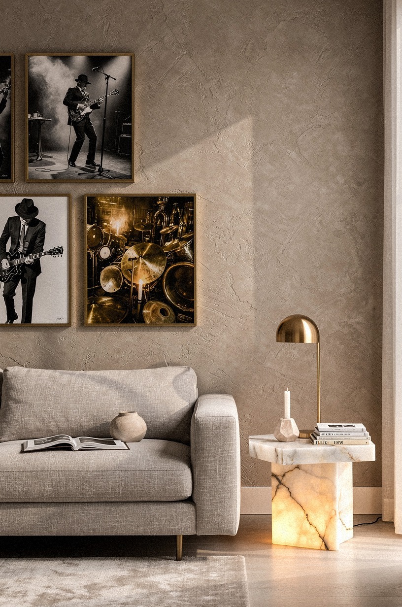 Hang smoky jazz prints beside the sofa