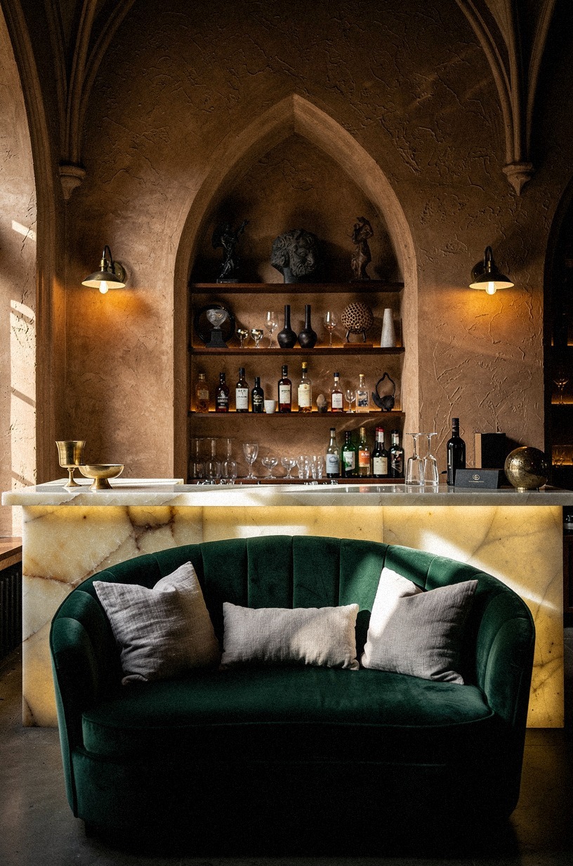 Anchor seating with a curved velvet sofa