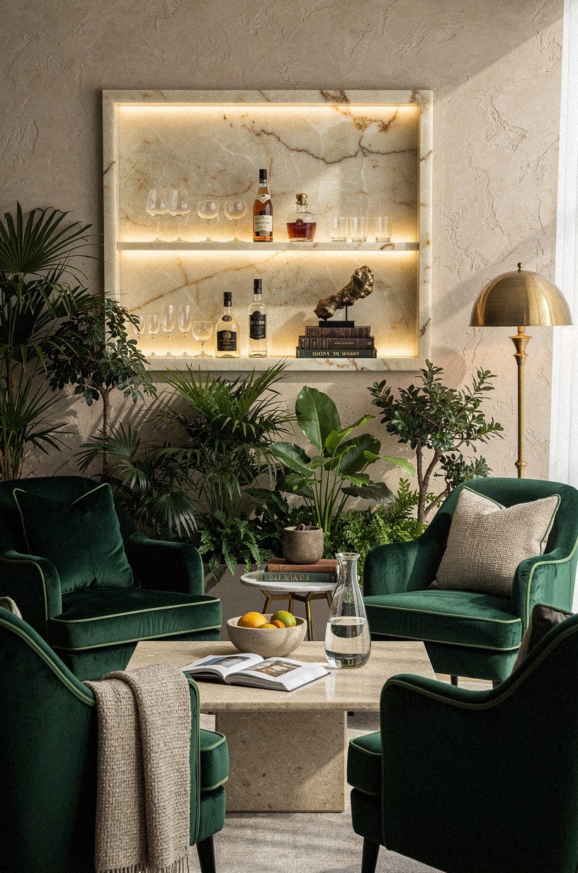 Layer emerald velvet across club chairs