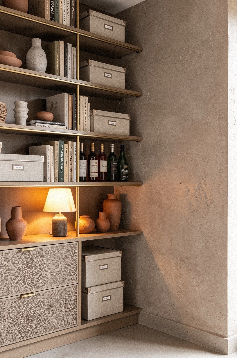 Convert a corner bookcase into bottle storage