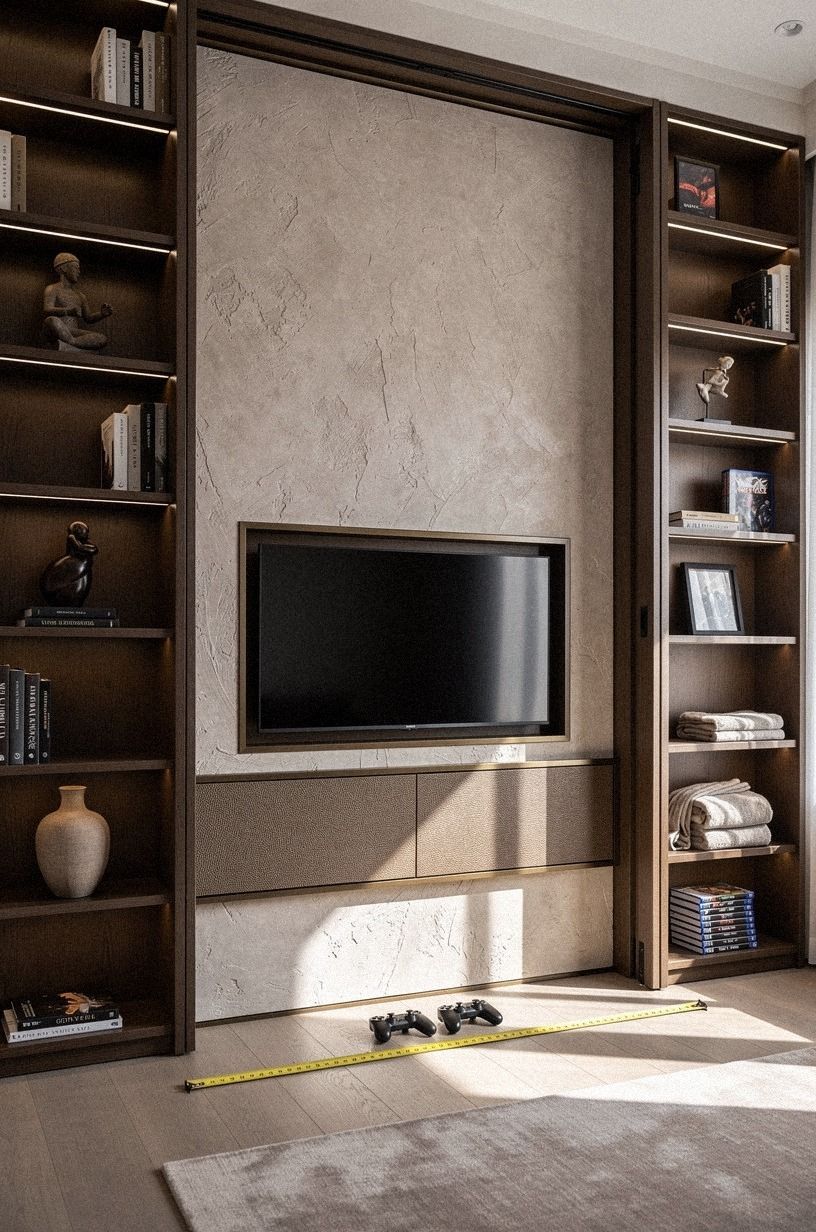Measure a hidden screen wall between bookcases