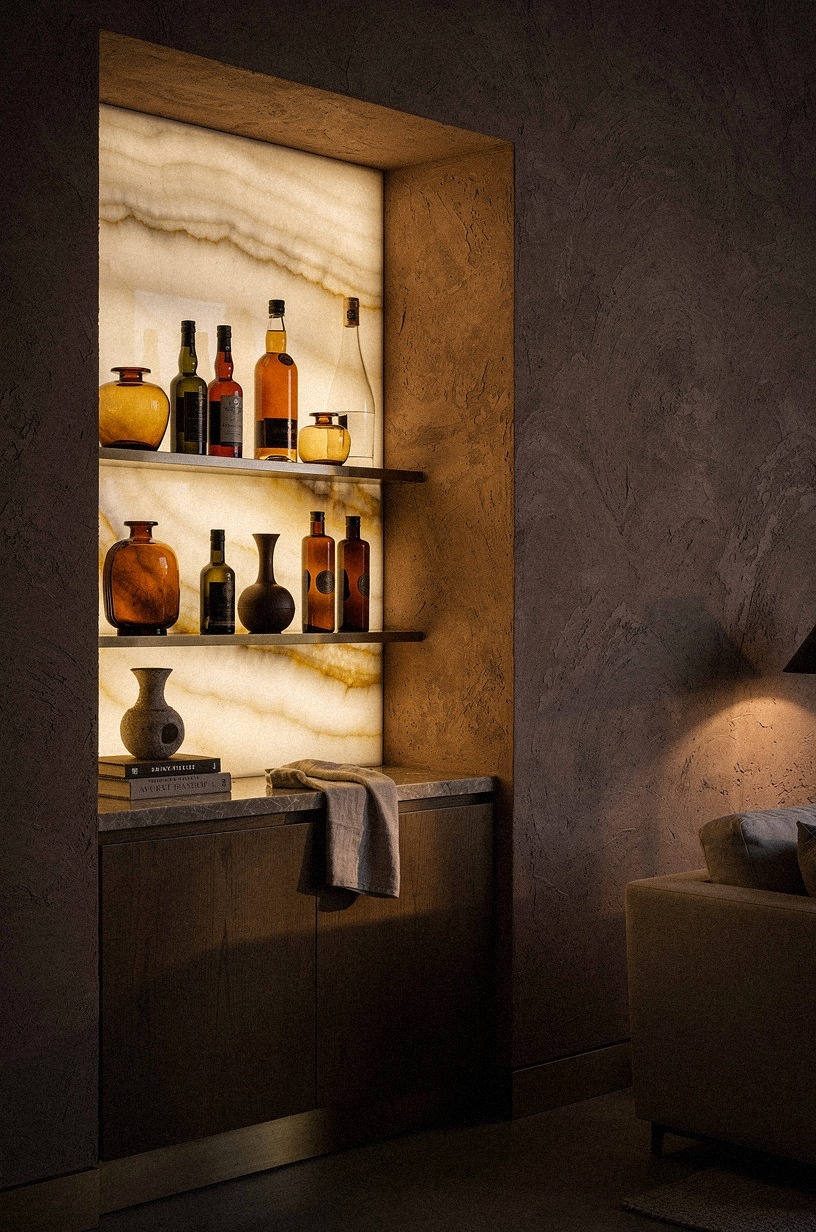 Backlight the bottle wall like a small pharmacy