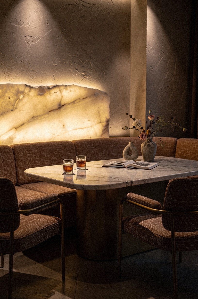 Anchor seating around a marble cocktail table