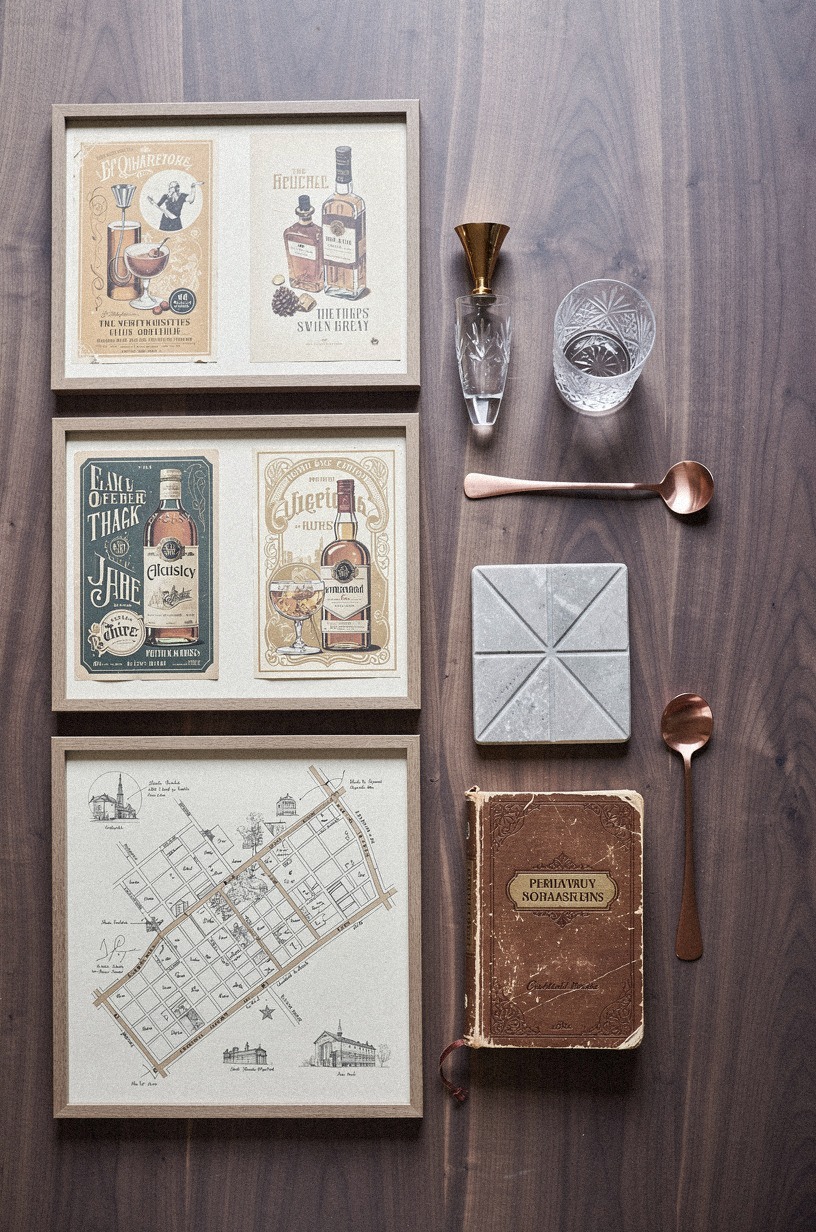 Layer vintage liquor ads in dark frames