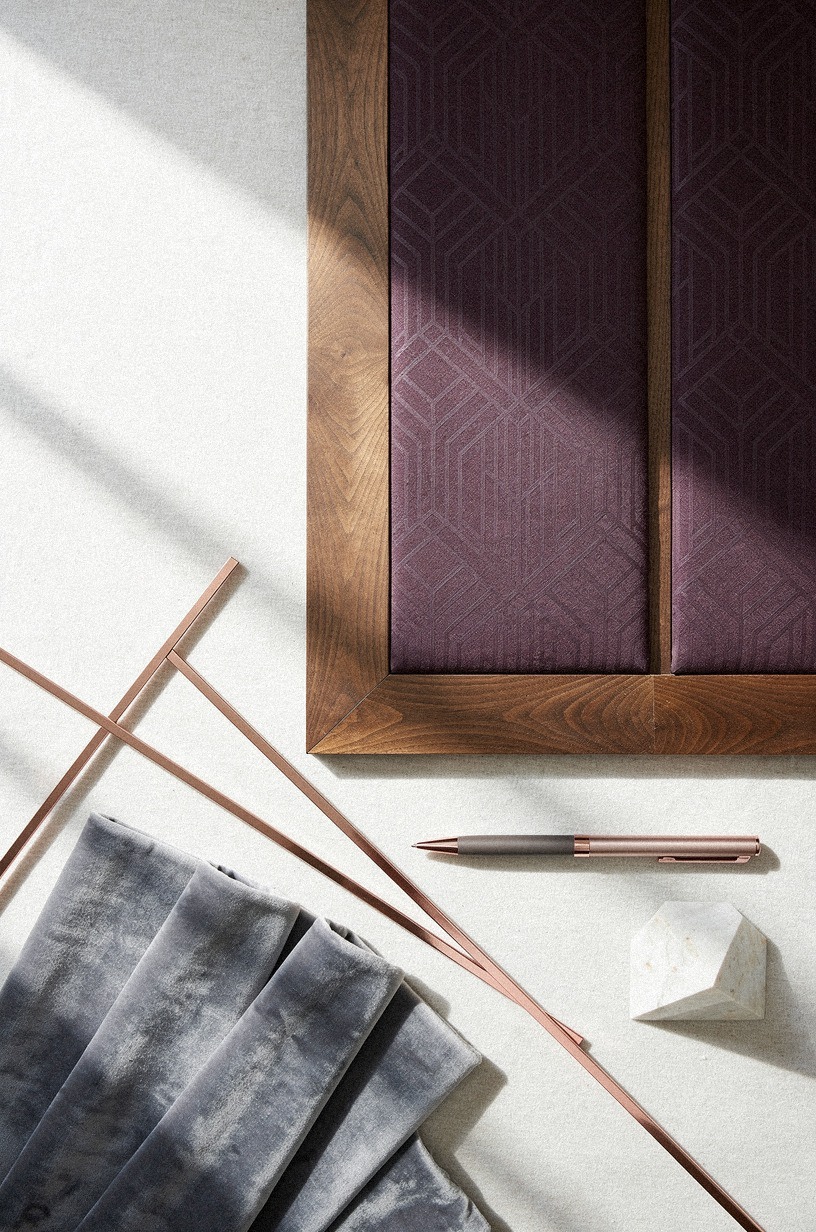 Panel wallpaper inside faux walnut molding