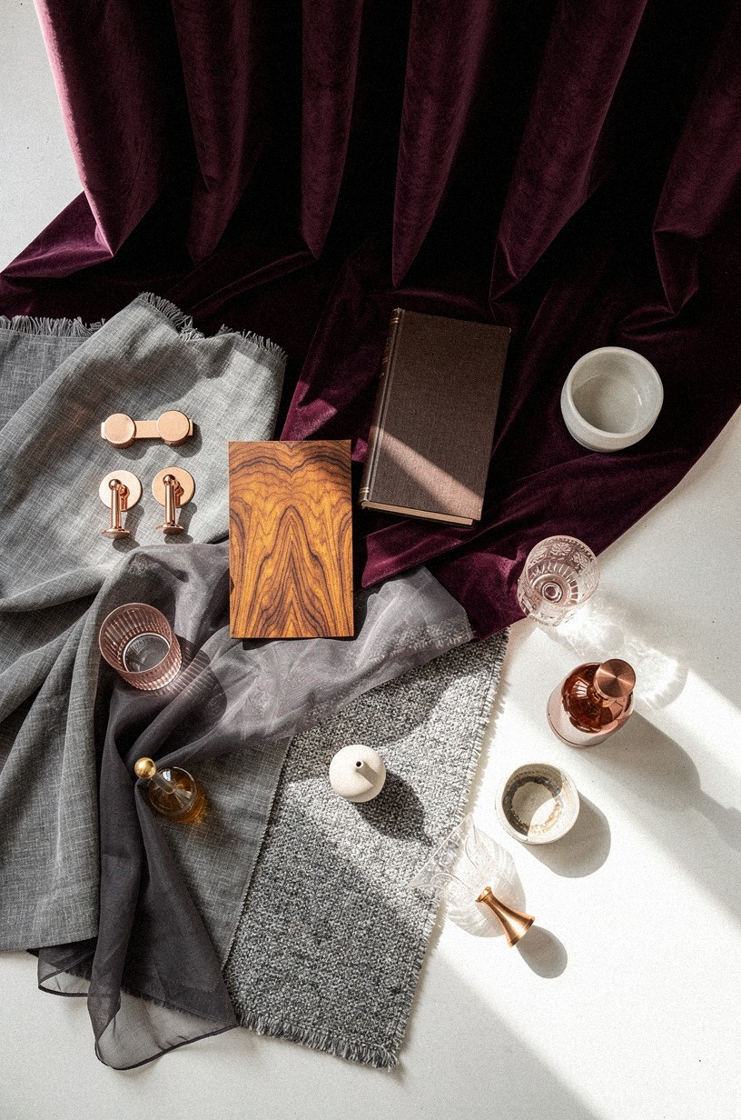 Layer Belgian flax sheers under plum velvet, the old bar move