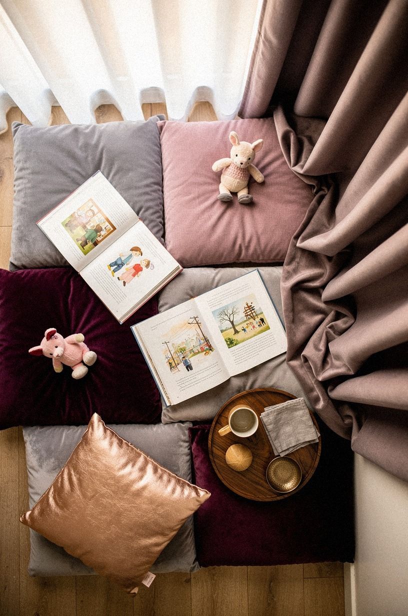 Layer floor cushions inside a curtain corner