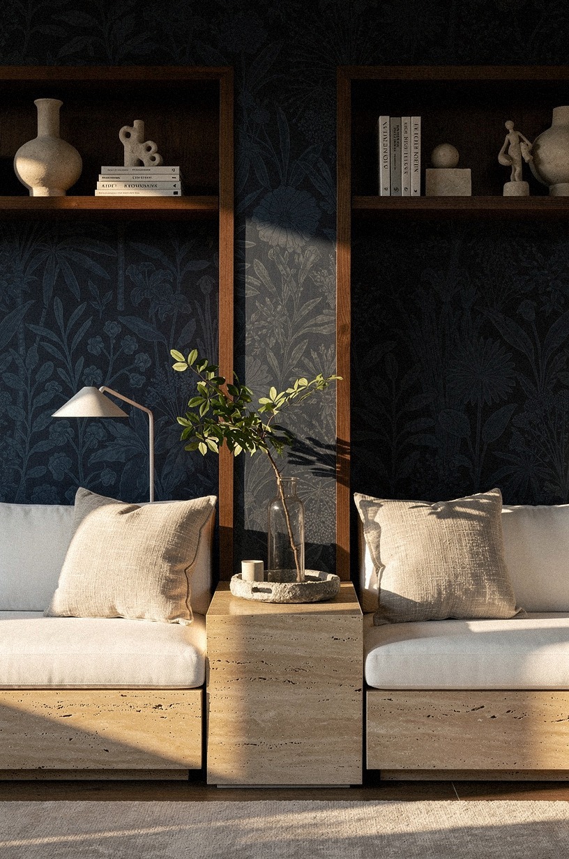 Cover alcoves with midnight botanical paper