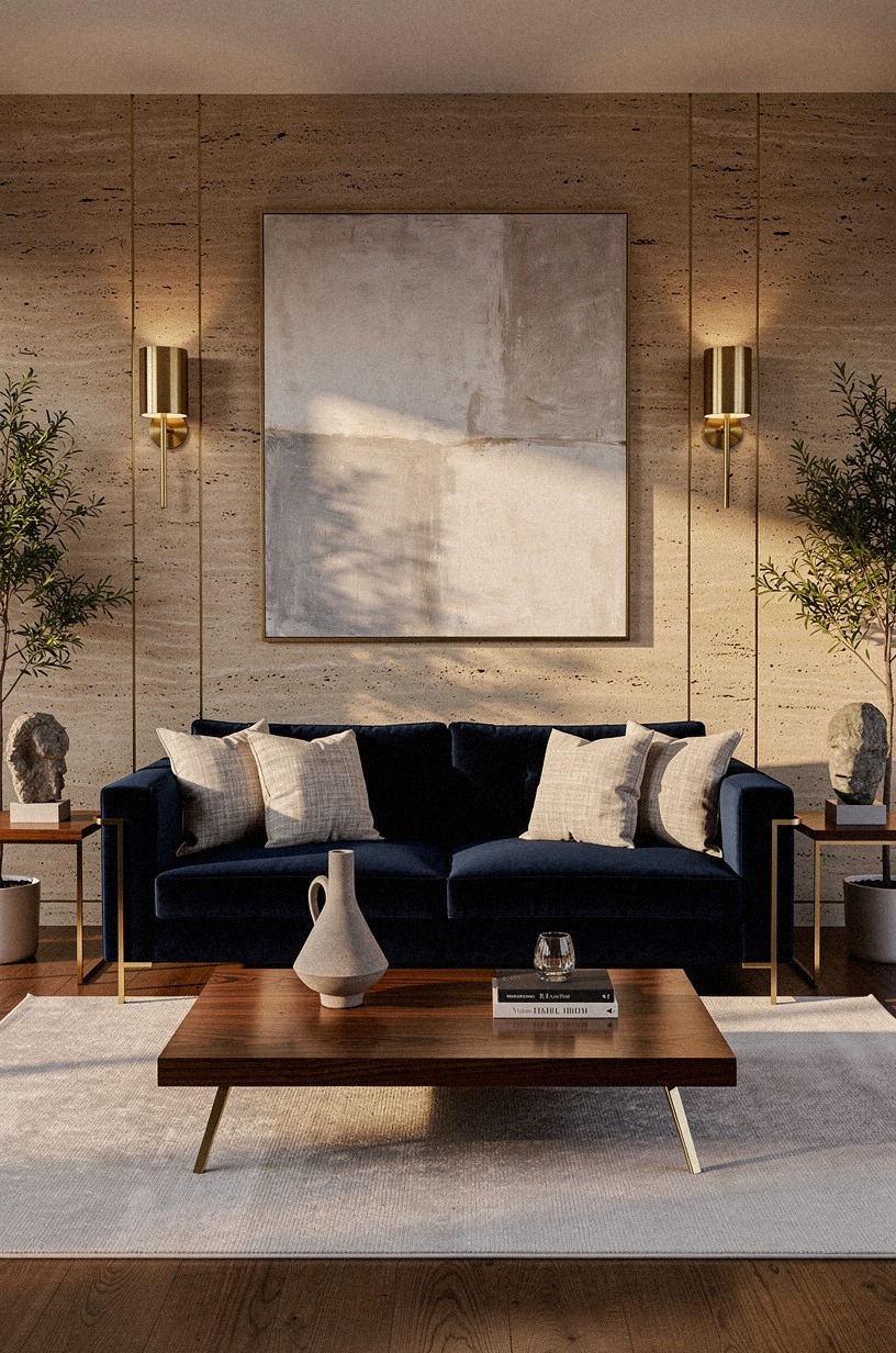 Mount brass sconces beside the velvet sofa