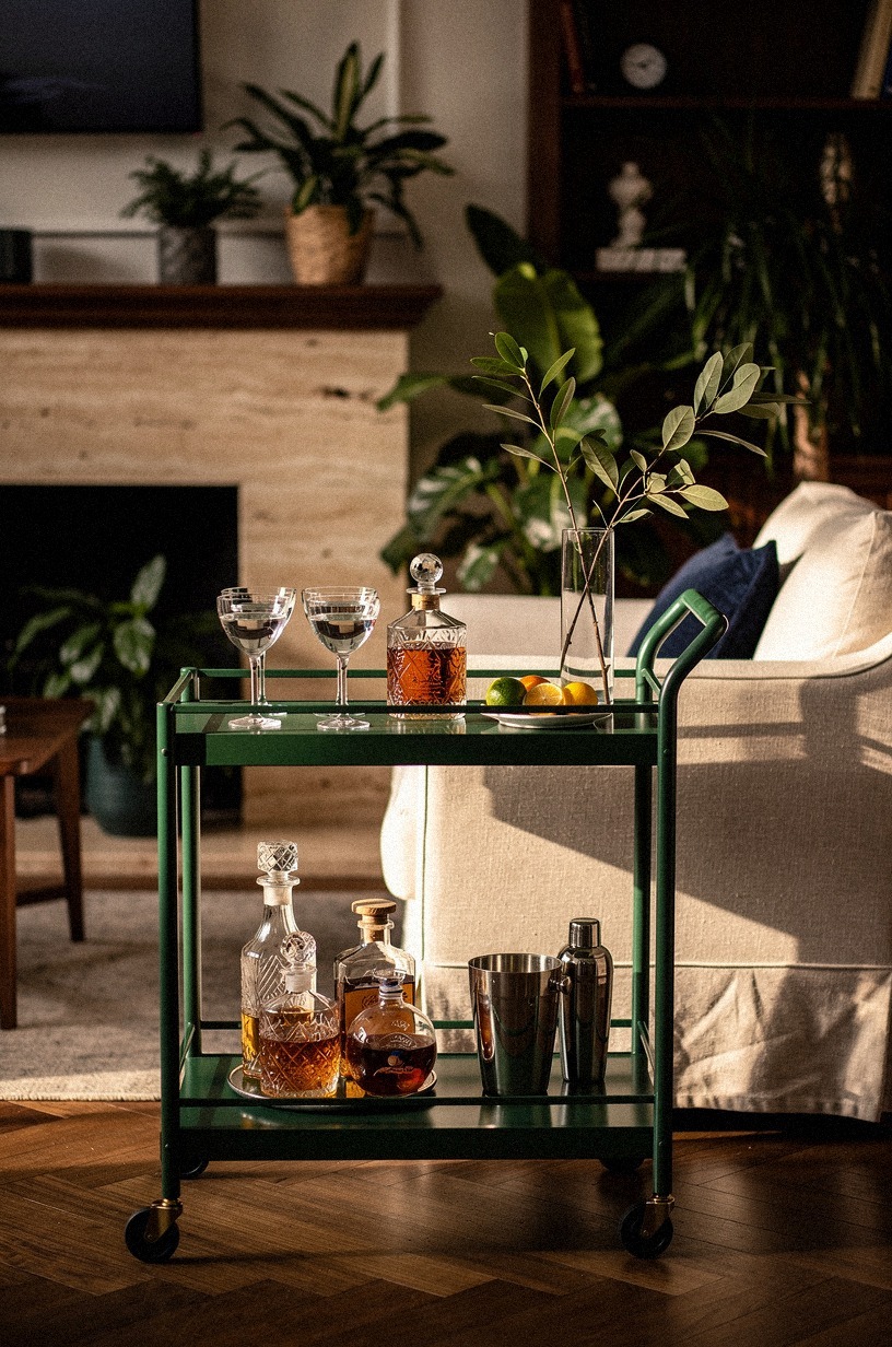 Style an IKEA RÅSKOG cart in jade beside the fireplace