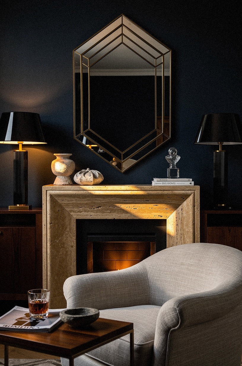 Hang a sunburst mirror or stepped chevron mirror above the mantel to catch candlelight
