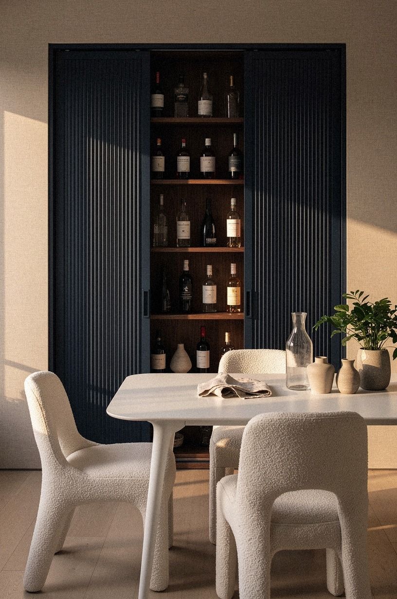 Slide tambour doors across the bottle shelves