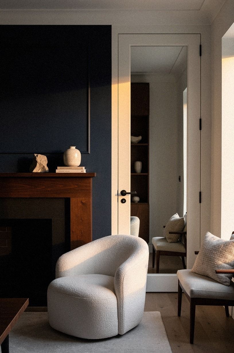 Farrow & Ball Hague Blue beside the fireplace, mirror panel tucked in
