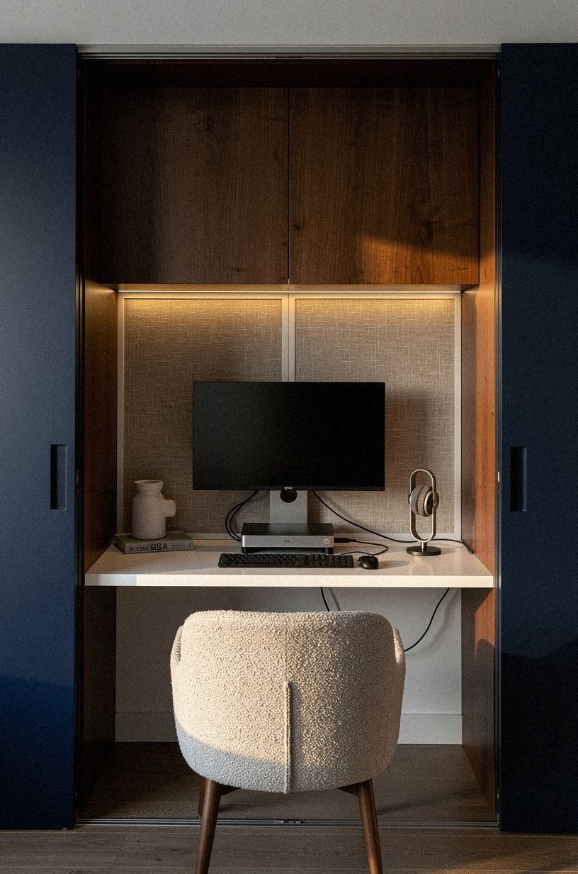Slide the gaming desk behind pocket cabinets