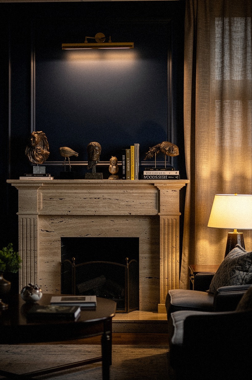 Frame the fireplace with brass picture lights