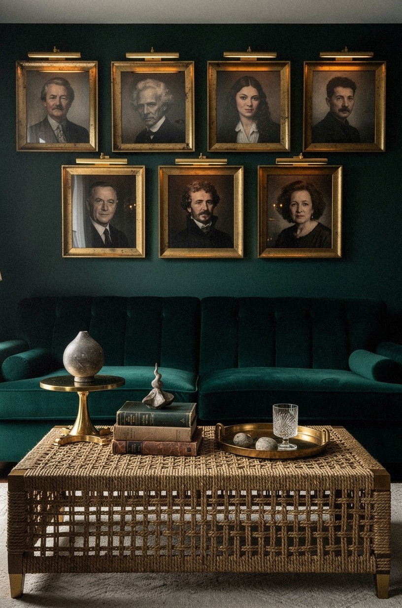 I hung smoky portraits above the sofa
