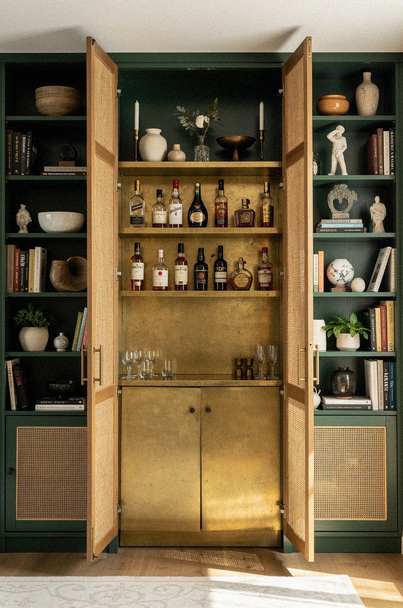 Build a hidden bar inside bookcases