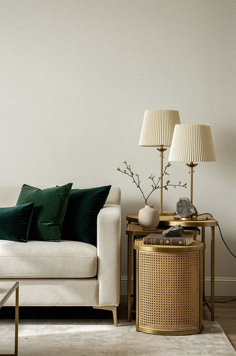 Cluster pleated lamps on nesting tables