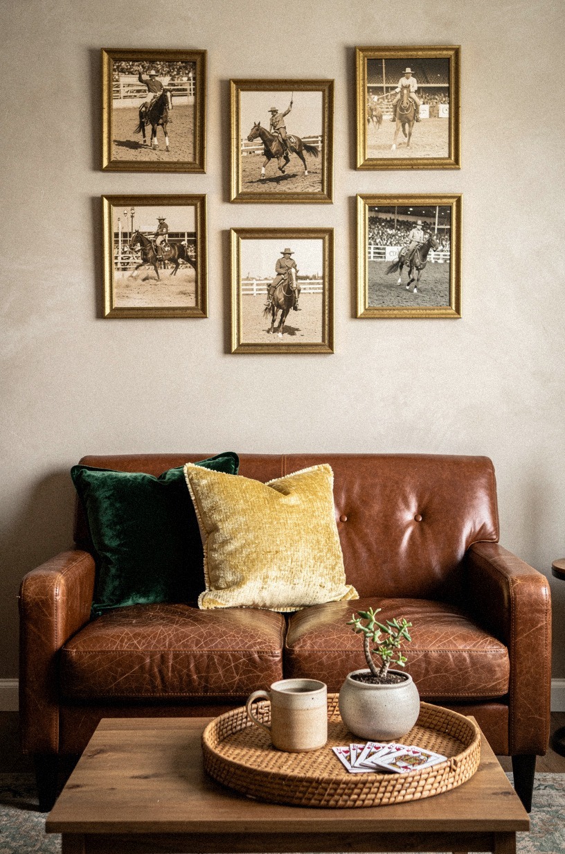 Hang sepia rodeo photos in unlacquered brass