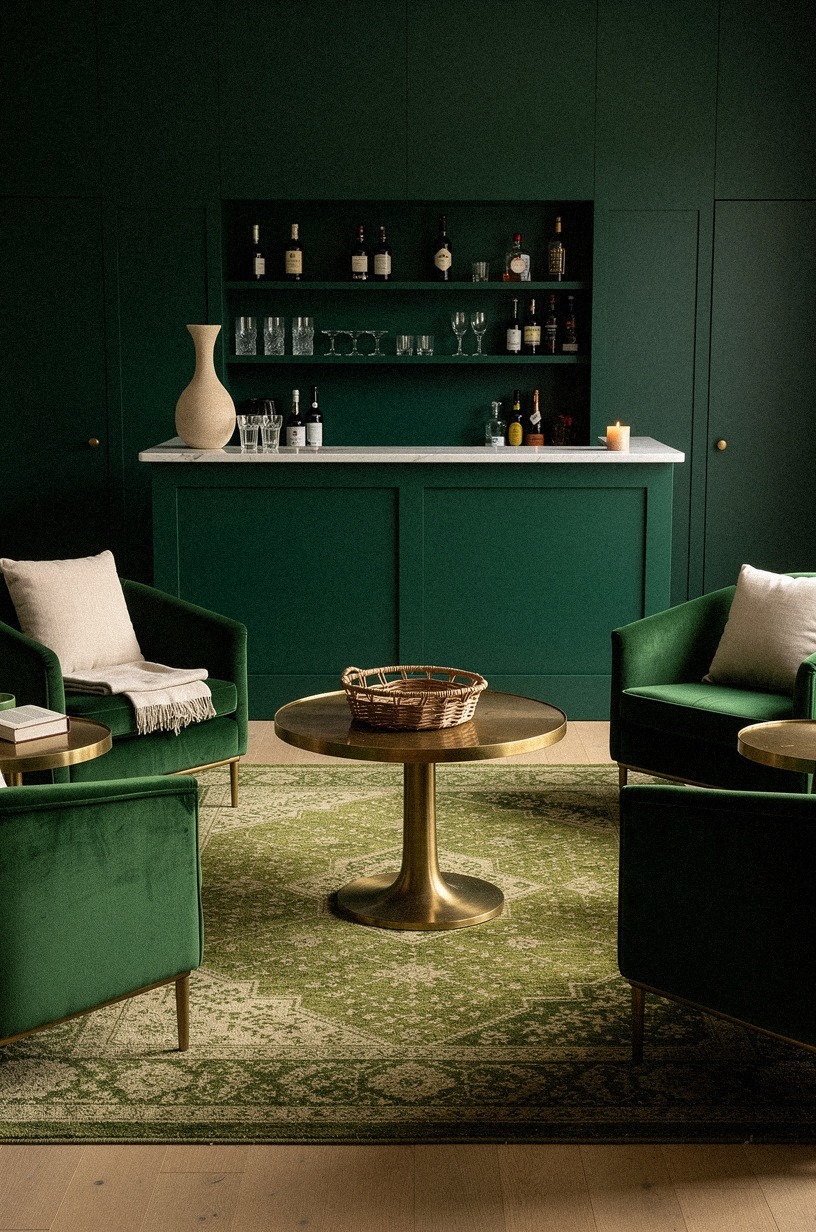 Anchor the room with a mossy Persian rug