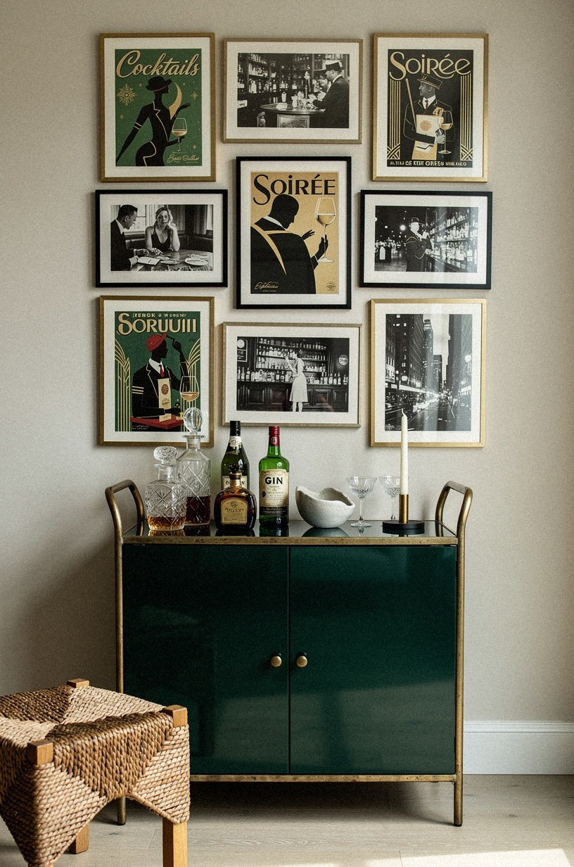 Build a gallery wall of framed vintage cocktail posters and black-and-white photography