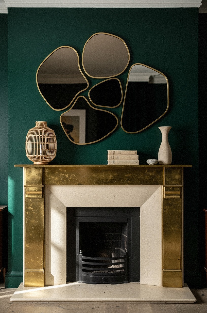 Cluster smoked mirrors over the mantel
