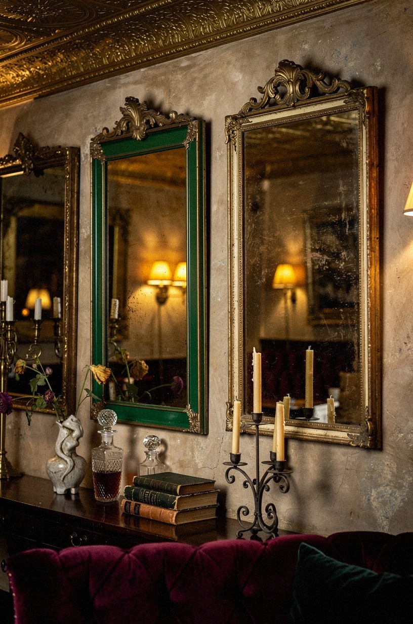 Tarnished brass mirrors: the gallery wall that drinks light instead of reflecting it